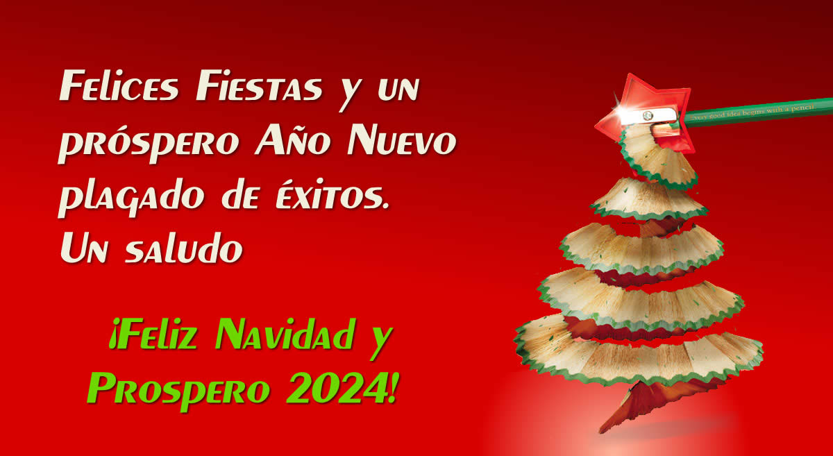 Imagen con un sacapuntas en forma de estrella que apunta a un lápiz que forma un árbol de Navidad y un texto de saludo: