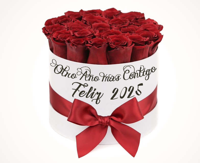 Imagen con una rama de hermosas rosas rojas en un recipiente con lazo y escrito Otro año contigo. Feliz 2025.