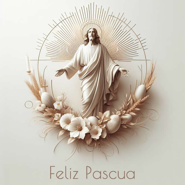 Imagen de la resurrección de Jesucristo con adornos de flores y huevos.