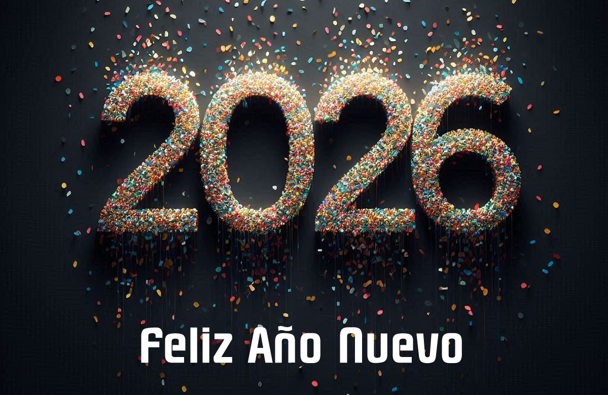 Imagen de saludos de año nuevo 2026 con números en negrita y confeti decorativo.