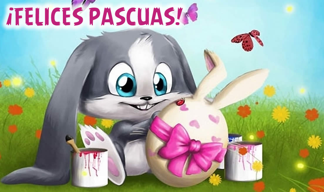 Imagen con lindo conejito pintando huevos de Pascua, con texto de saludos.