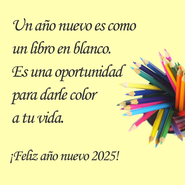 Tarjeta de felicitación con lápices de colores y frase 2025