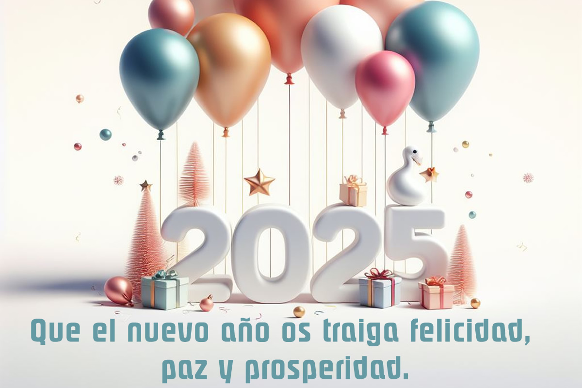 Frase de saludo 2025 coloreada y decorada con globos