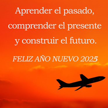Tarjeta de bienvenida 2025 con una frase de saludo y un avión volando