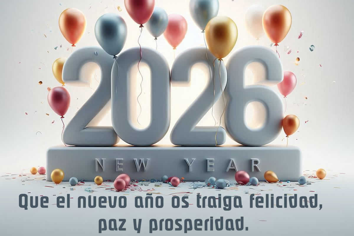 Frase de saludo 2026 coloreada y decorada con globos
