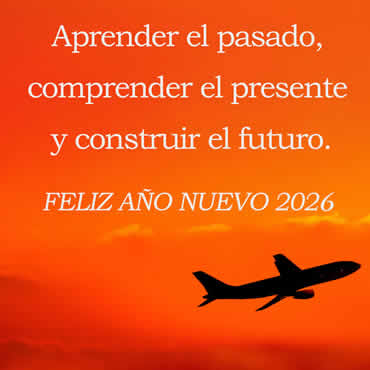Tarjeta de bienvenida 2026 con una frase de saludo y un avión volando