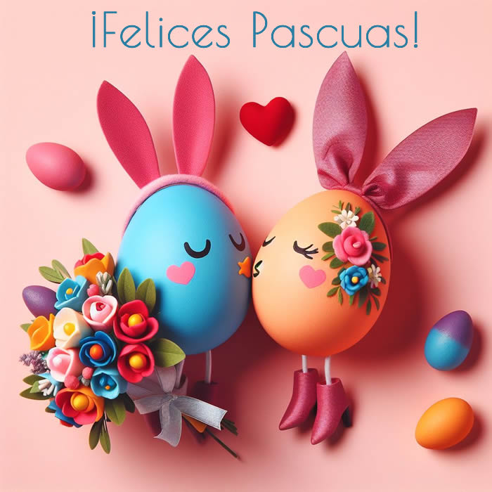 Imagen Dos huevos de pascua besándose con ramo de flores. Feliz Pascua para los enamorados